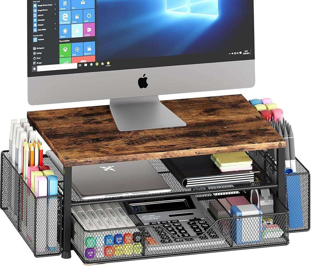 OPNICE Wood Desk Organizers and Accessories, 2-Tier Computer Monitor Stand Riser with Drawer and 2 Pen Holders, Laptop Stand, Office Desk Accessories for Office Supplies, Brown (Brown 1-Pack)