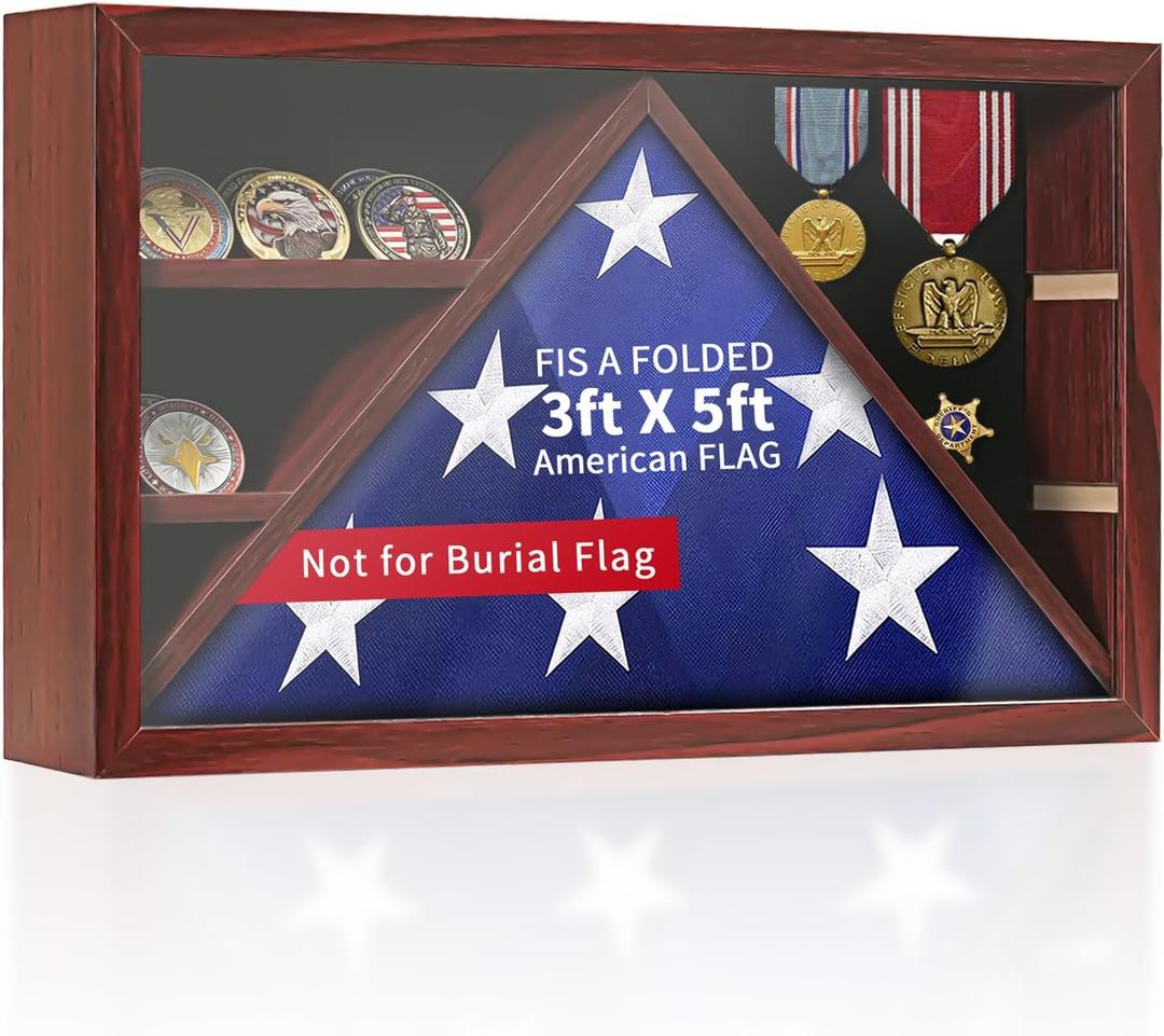 Flag Box Display Case for 3' x 5' American Flag, Not for Burial Flag, Military Shadow Box with HD Tempered and Wall MountedFlag Cases for Veterans,Folded Flag Display Case,Red