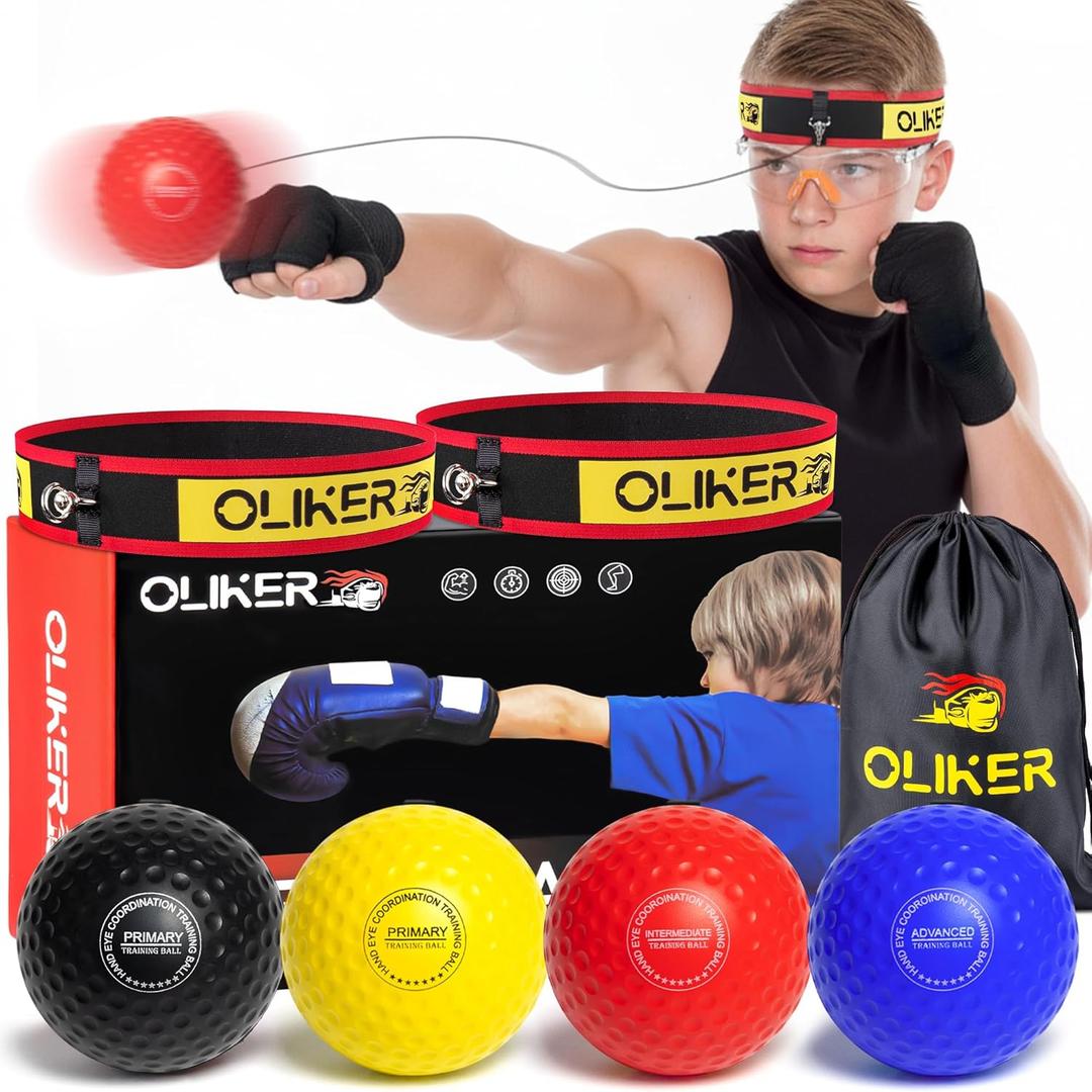Boxing Reflex Ball for Kids, 4 Levels Boxing Ball with 2 Headbands, 1 Pair Gloves and 1 Goggles, Perfect for Reaction, Punching Speed and Hand Eye Coordination Training (Yellow+Red+Black+Blue)