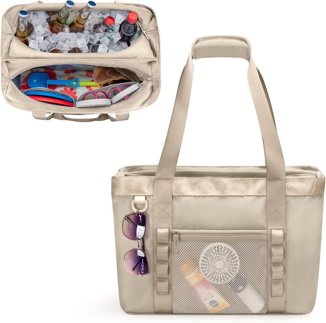 Yarwo Beach Bag for Women, Sandproof Swim Tote Bag with Cooler Compartment and Wet & Dry Pockets for Pool Cruise Vacation