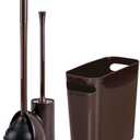 mDesign Compact Freestanding 2-in-1 Plastic Toilet Bowl Brush/Plunger/Trash Wastebasket Garbage Can Combo, Home Bathroom Storage, Sturdy Cleaning Accessories, Aura Collection, Set of 2, Dark Brown