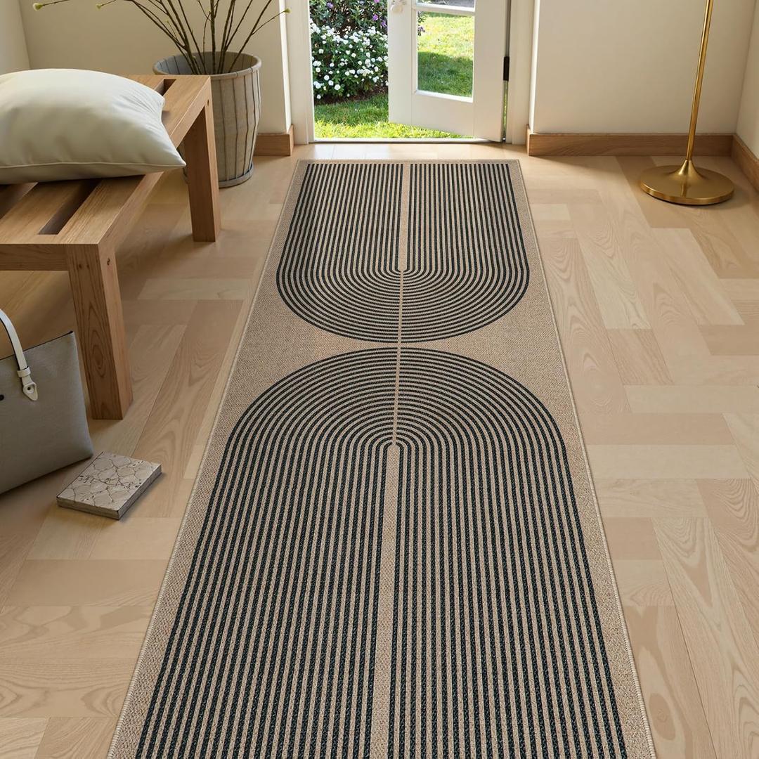Lahome Modern Rainbow 2x8 Runner Rug, Washable Hallway Kitchen Runner Rugs with Rubber Backing Farmhouse Indoor Outdoor Carpet, Contemporary Non Slip Carpet for Entry Bedroom Porch (Nature/Black Rainbow)