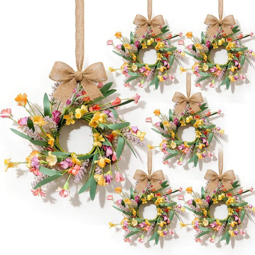 6 Pcs Mini Yellow Flowers Hanging Wreaths for Cabinets Artificial Spring Small Candle Ring Wreaths with Pink Floral and Purple Lavender for for Home Kitchen Front Door Window Farmhouse Porch Wall
