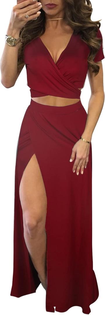 MESLIMA Women Casual 2 Piece Outfits Sexy V Neck Crop Top Boho Floral Print Beach High Split Maxi Dress Sets (Medium)