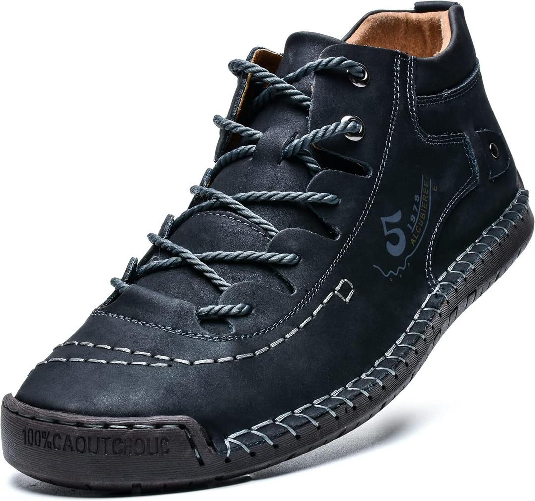 alcubieree Mens Casual Leather Shoes Ankle Chukka Boots Slip On Lightweight Loafers Mid top Walking Driving Shoes for Male (10, Black)