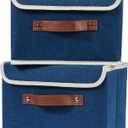 2PCS Storage Boxes with Lid Cotton Linen Fabric Storage Bins Organizer Container Decorative Collapsible Washable Shelf Closet Baskets Faux Leather Handles Home Bedroom (Deep Blue, Small)