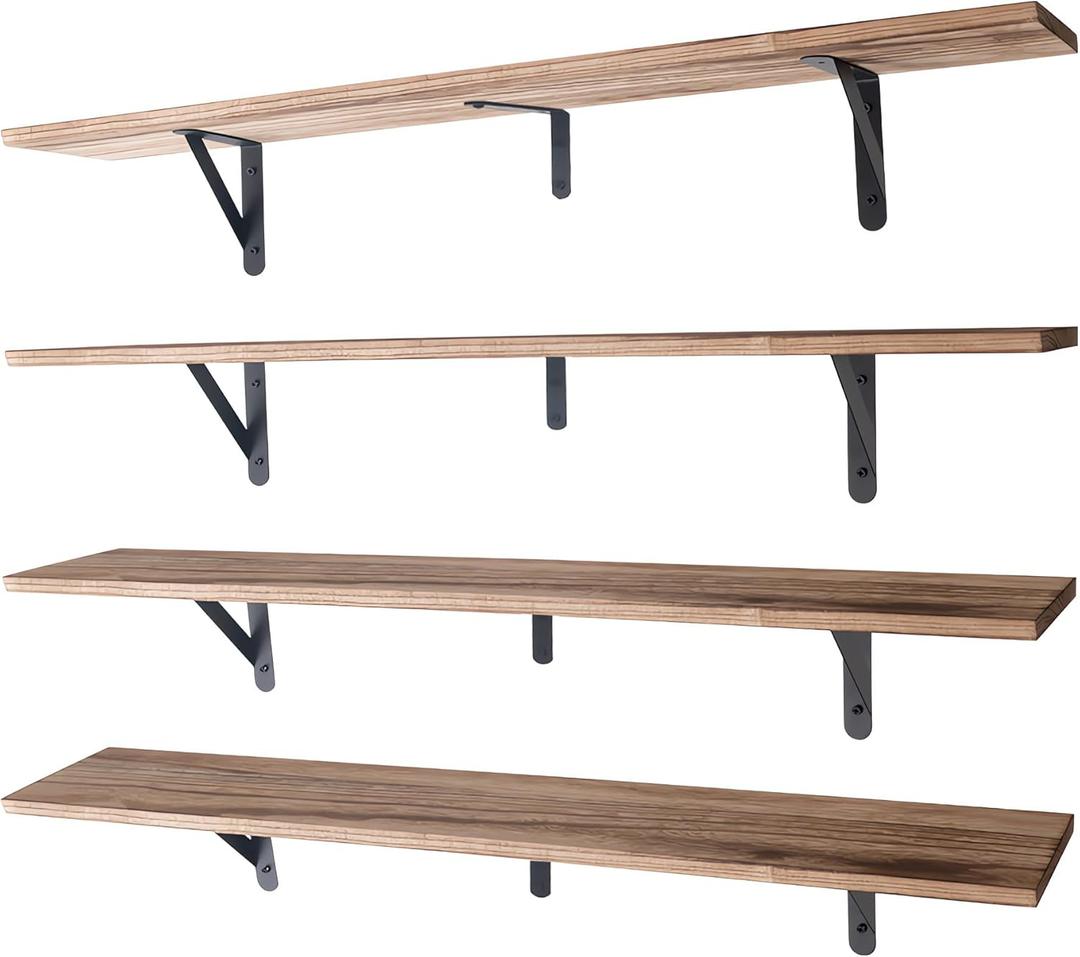 Long Floating Shelves for Books,Wall Hanging Bookshelf Set of 4,Rustic Wall Mount Book Shelf Wood Extra Large for Livingroom Bedroom Kitchen Bathroom Home Office Decor,36 Inches(Carbonized Black)