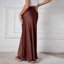 Long Silk Skirt Women's Spring Summer Satin Silk High Waist Drawstring Ruffle A Line Maxi Skirt (Brown, L)