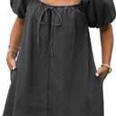 Women's Summer Denim Dress Puff Short Sleeve Square Neck Loose Jean Mini Dresses with Pockets (Black Grey, Small)