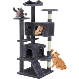 Sweetcrispy 53.94 Inch Cat Tree Tower, Multi-Level with Cat Scratching Post, Indoor Cat Condo with Climbing Ladder, Plush Toy, Play House for Cat, Dark Grey