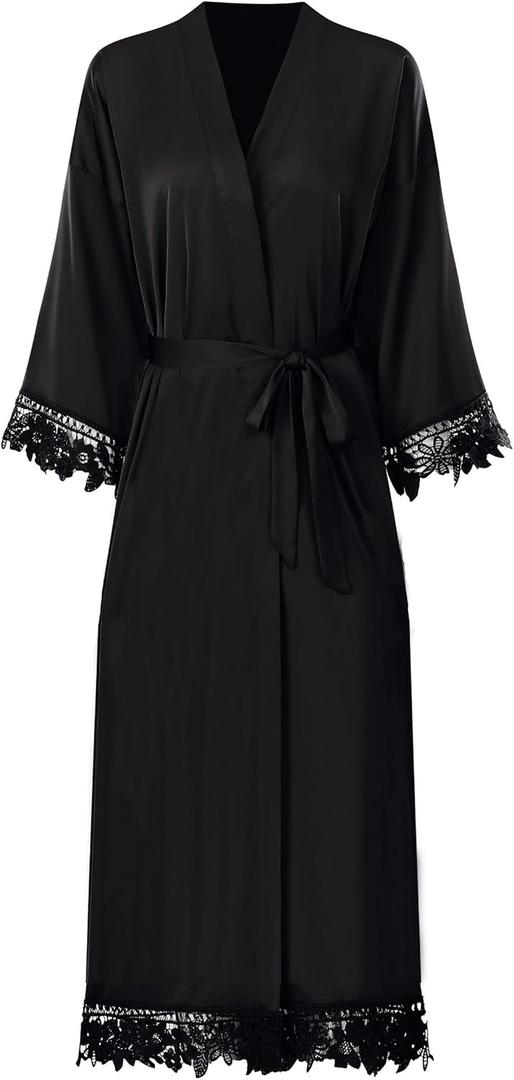 Women's Lace Trim Long Satin Kimono Bridal Robes for Bride and Bridesmaid - Wedding Gifts (Black)