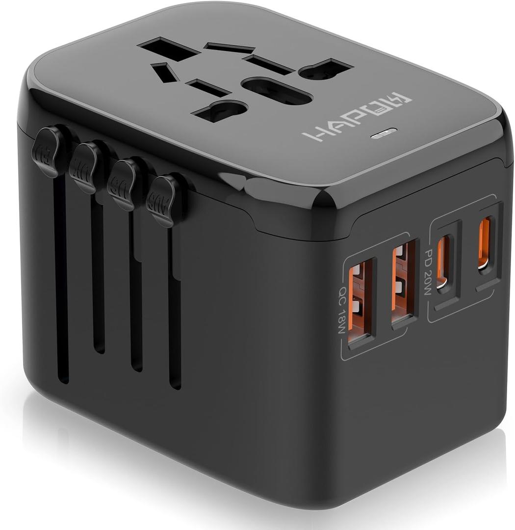 Universal Travel Adapter, PD20W International Power Adapter, 2 USB-C & 2 USB-A Fast Charging Travel Charger, All in One Worldwide Travel Plug Adapter, Outlet Adapter for Europe EU UK USA AU