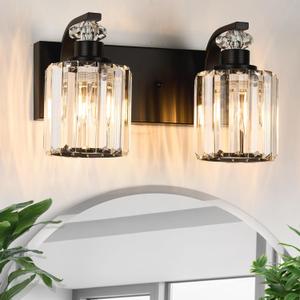 Black Bathroom Light Fixtures with K9 Crystal Lampshade Bathroom Lighting Over Mirror Vanity Lights for Living Room,Bedroom,Restroom,Hallway 2 Lights