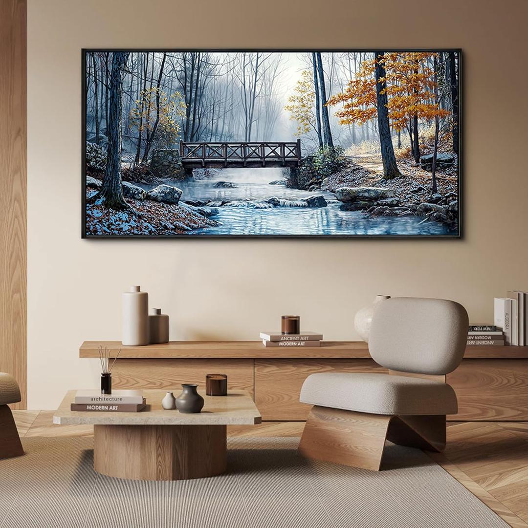 yiijeah Extra Large Living Room Wall Art - Modern Wall Decor for Bedroom Office Decor Mountain Forest Landscapes Village Bridge Painting Framed Canvas Prints Ready to Hang Pictures Home Decor (Blue Gray)