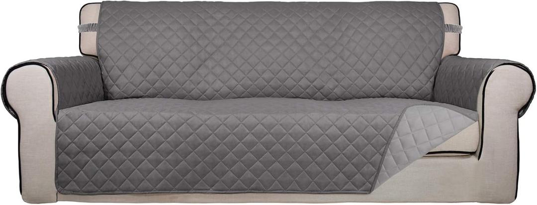 PureFit Reversible Quilted Sofa Cover, Water Resistant Slipcover Furniture Protector, Washable Couch Cover with Non Slip and Elastic Straps for Kids, Dogs, Pets (Sofa, Gray/Light Gray) (Large)