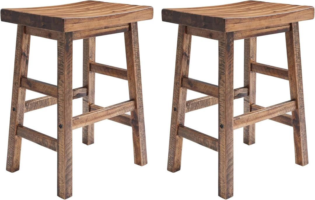 Alaterre Furniture Durango 26-Inch Industrial Wood Counter-Height Stools  Set of 2 Rustic Saddle Seat Bar Stools - Vintage Style with Light or Dark Lacquer Finish for Kitchen Island or Home Bar