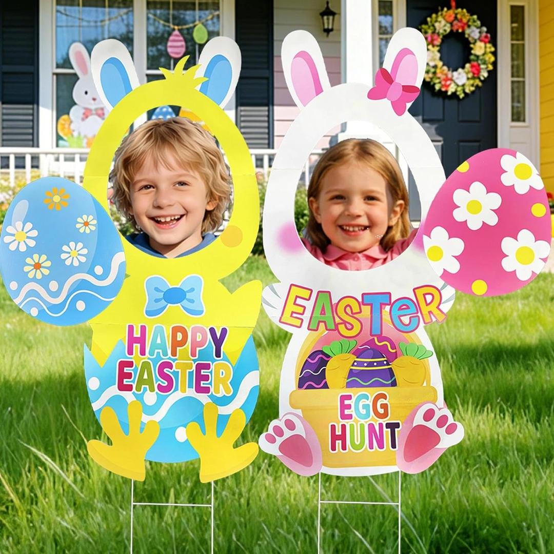 Easter Face Yard Signs with H-Stakes, Large Easter Bunny & Chick Outdoor Lawn Decorations for Yard Photography Egg Hunt Sign Waterproof Photo Props