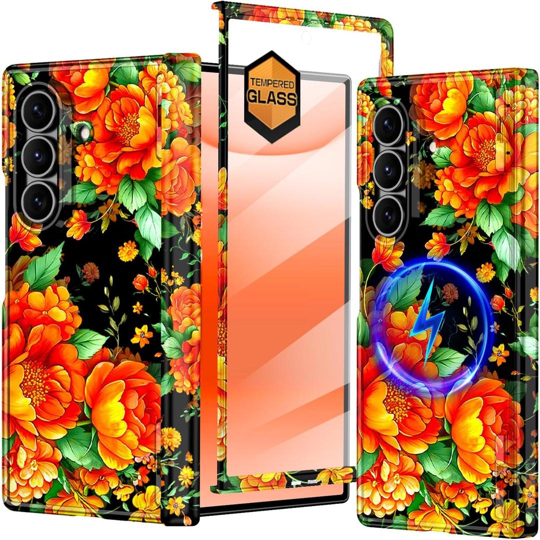 Hekodonk for Galaxy Z Fold 7 Case,[Compatible with MagSafe][Built-in Screen Protector][Hinge Protection],Magnetic Slim Shockproof Women Girls Case for Samsung Galaxy Z Fold 7,Orange Flower