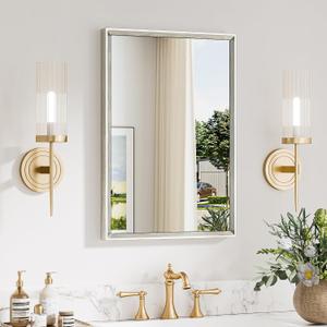 Keonjinn 16 x 24 Inch Brushed Nickel Bathroom Mirrors for Over Sink, Beveled Rectangle Framed Mirrors for Wall, Small Bathroom Vanity Mirror, Tempered Glass, Farmhouse Style