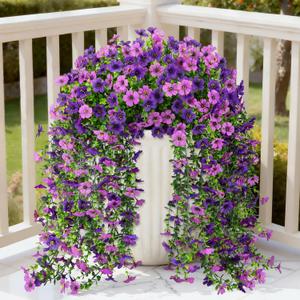 4 Pcs Artificial Hanging Flowers for Outdoors, Mixed Purple | Realistic fake silk flowers, UV resistant, faux plants, for outside home patio garden balcony yard front door porch decor