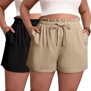 2 Pack Women's Linen Shorts L-5xl Plus Size with Pockets Cotton Drawstring High Waist Wide Leg Casual Summer Shorts, Large 