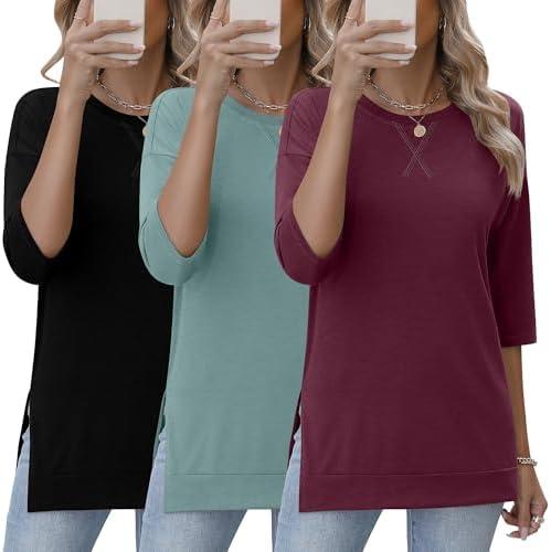Huukeay 3 Pack 3/4 Length Sleeve Women's Tops Side Slit Tunic Loose Fit Round Neck Tee Shirt Ladies Casual Basic Fall Clothes.Size Large