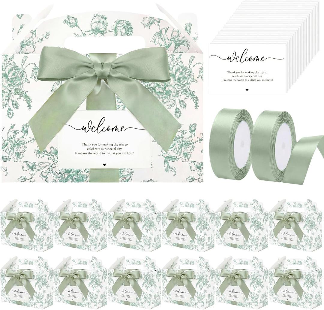 24 Set Green Floral Wedding Welcome Box with Ribbon and Label 9x6x6'' Large Gable Boxes Paper Goodie Boxes Welcome Favor Kit for Wedding Bridesmaid Gift Bridal Baby Shower Birthday Party