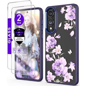 DagoRoo for Samsung Galaxy S25 Edge Case+Tempered Glass Screen Protector, Military Grade Protective Slim Soft TPU Hard PC,Girls Women Crystal Clear Flower Pattern Case Cover for S25 Edge-Deep Purple