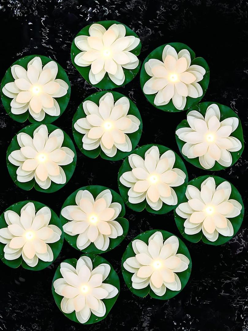 Hortsun 12 Pcs Floating Lotus Lights with Batteries Lily Pads Pool Flowers Floating Candles Decor Artificial Pond Plants Decorations for Pool Pond Outdoor Indoor (White,5.91 Inch)