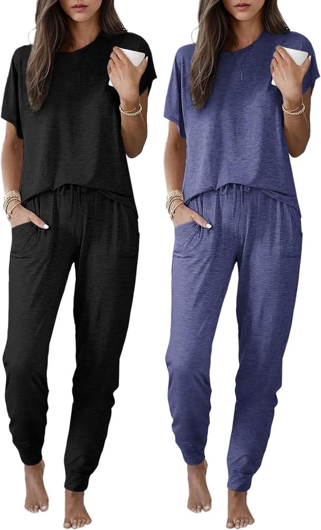 Ekouaer 2 pack Pajama Sets for Womens Jogger Pants Pjs Short Sleeves Lounge Set Soft Sleepwear with Pockets (X-Large, Black and Navy Bule)