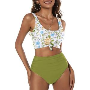 ZAFUL Women's High Waisted Tankini Swimsuit Scoop Neck Ruched Bikini Set Sporty 2 Piece Bathing Suit M