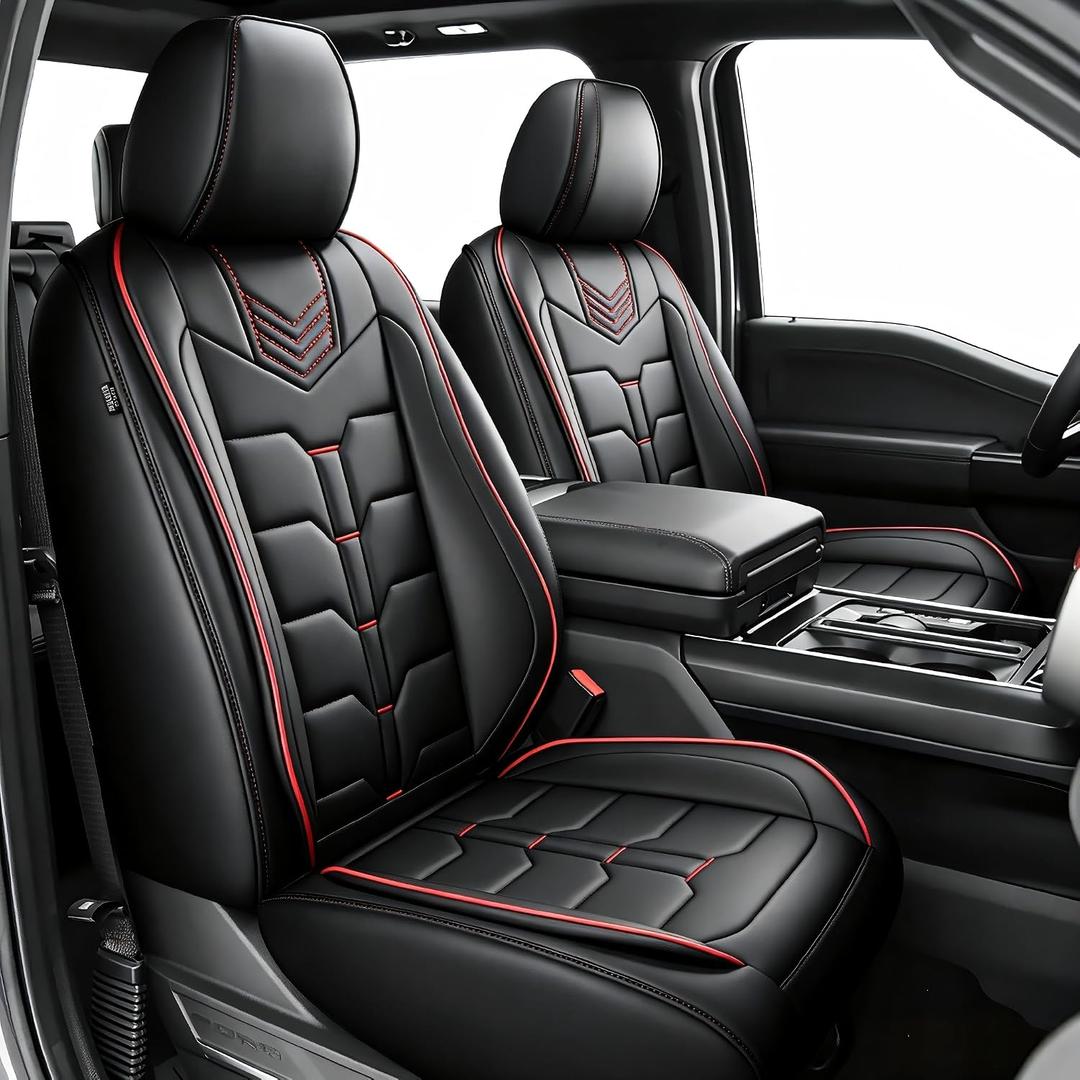 for Ford F150 Seat Covers 2026-2025-2024-2009 F250 F350 2017-2026 | F450 Super Duty XL XLT STX Lariat Super Crew Cab Full Set Premium Waterproof Leather Truck(5 Seats,Redline)