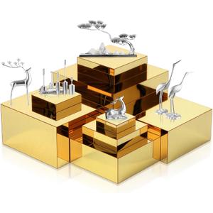 Geelin 8 Pack Acrylic Buffet Risers - 3 to 10 Inch Decorative Cube Boxes, Display Stands with Hollow Bottoms for Food Jewelry Table Display Supplies(Gold,Flat)