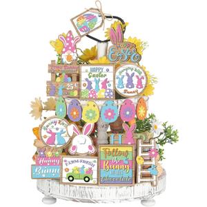 Ziliny 19 Pcs Easter Bunny Tiered Tray Decor Spring Easter Egg Wooden Centerpiece Signs Colorful Easter Wooden Sign Bunny Gnome Sign Trays for Home Farmhouse Rustic Decor