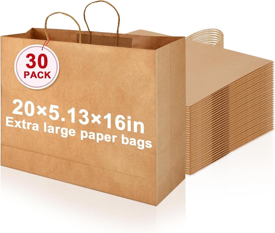 Maitys 30 Pcs 20x16x5 Inch Extra Large Paper Gift Bags with Handles Bulk Kraft Bags for Business, Merchandise, Gifts, Shopping, Retail Stores, Birthday Party Brown Color for Multiple Uses