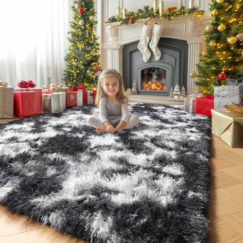 Amdrebio Black White Grey Cool Area Rugs for Bedroom Living Room, Fluffy Modern Furry Rugs for Kids Room Decor, Plush Shaggy Throw Rug 18x18x18 for Men Teen Boy, Aesthetic Floor Carpet for Dorm Home Office