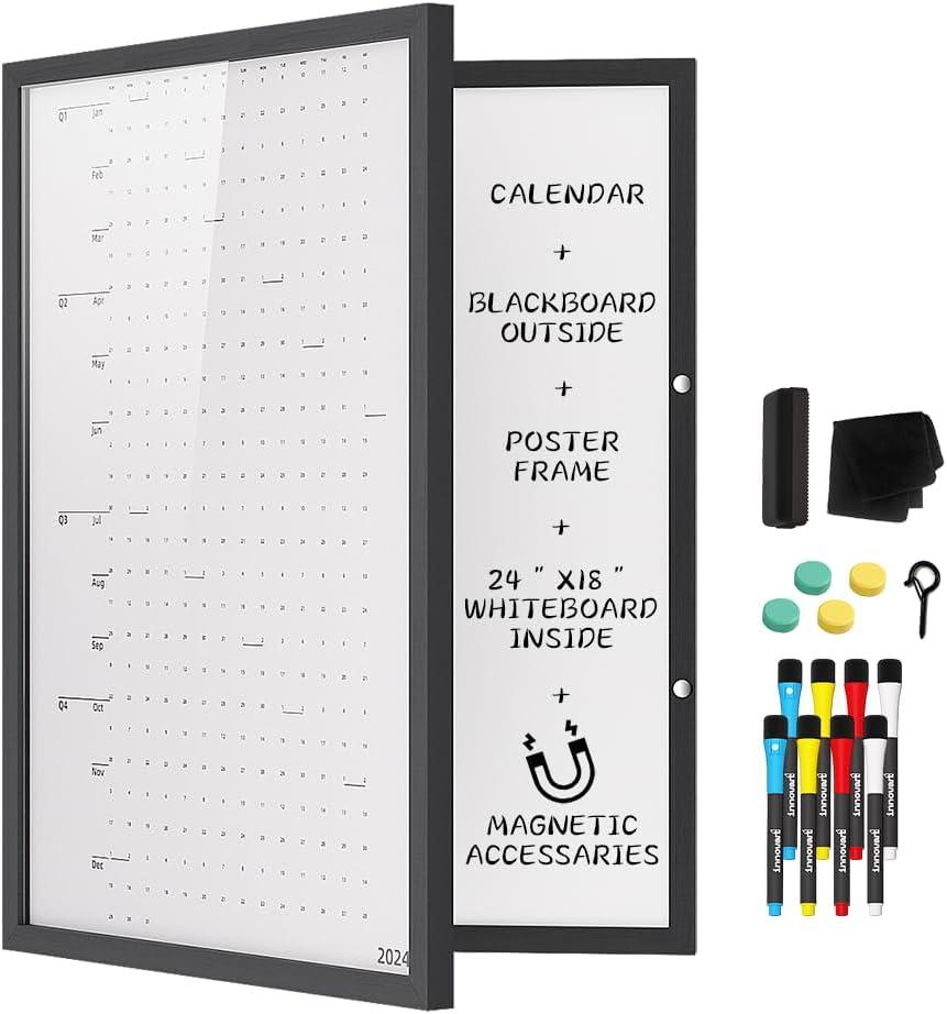 INNOVART Hidden Magnetic Dry Erase Whiteboard 24x18, Secret Dry Erase Board, Secret Marker Board Poster Frame w/Chalk Board Surface, Foldable Whiteboard Includes Poster, Acrylic Protect Film, Maker