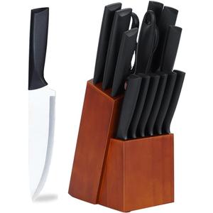 Kitchen Knife Set, 15Pcs Chef Knife Set with Block and Sharpener, High Carbon Stainless Steel Ultra Sharp Knives for Kitchen includes 6 Steak Knives, Anti-slip Handle, Black