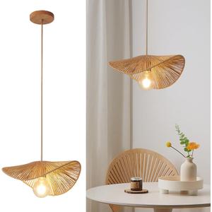 Boho Rattan Pendant Light Fixture Modern Style Hanging Light Bamboo Handwoven 1-Light Hanging Lamp for Farmhouse Bedroom Living Room Dining Room