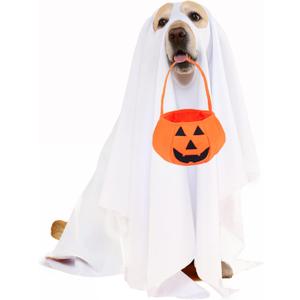 Ghost Dog Costume Set - White Ghost Costume for Dogs & Cats - Halloween Cosplay & Candy Bucket - Felt Pumpkin Candy Buckets - Trick or Treat Bags (L) (100*140cm)