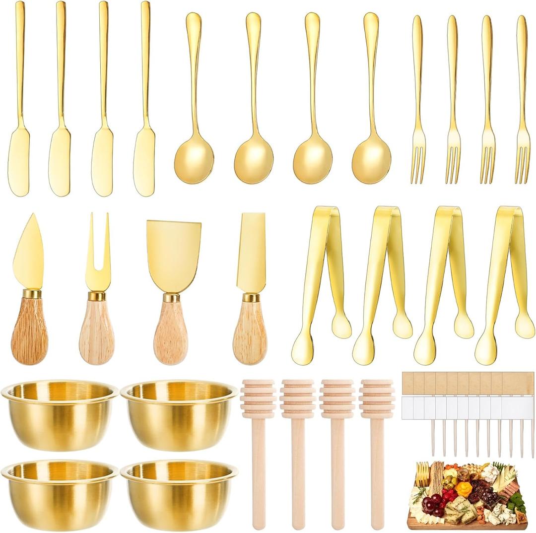 Suwimut 48 Pieces Charcuterie Board Accessories Cheese Butter Spreader Knife Set, Stainless Steel Mini Serving Tongs Spoons Forks Dipping Bowls Honey Dipper Toothpick Flags Utensils for Party Wedding
