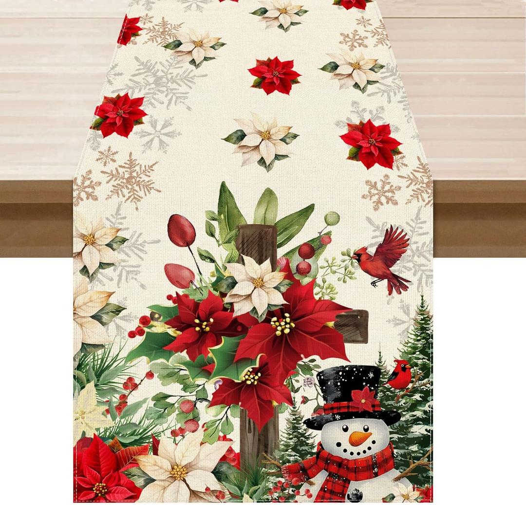 XCHI Snowman Poinsettia Christmas Winter Cross Xmas Table Runner Table Decoration for Party Home Kitchen Dining Holiday Decor 13x90 Inch