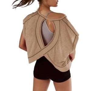 Kumufenc Women Short Sleeve Workout Shirts Open Back Tops Casual Yoga Y2k Athletic Gym Slouchy Crop Running Tees Size Small