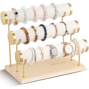 Wenqik 3 Tier Detachable Bracelet Holder Bracelet Display Stand Beige Velvet Jewelry Organizer Displays for Bangles Necklace Watches Scrunchies Hair Ties (Beige)