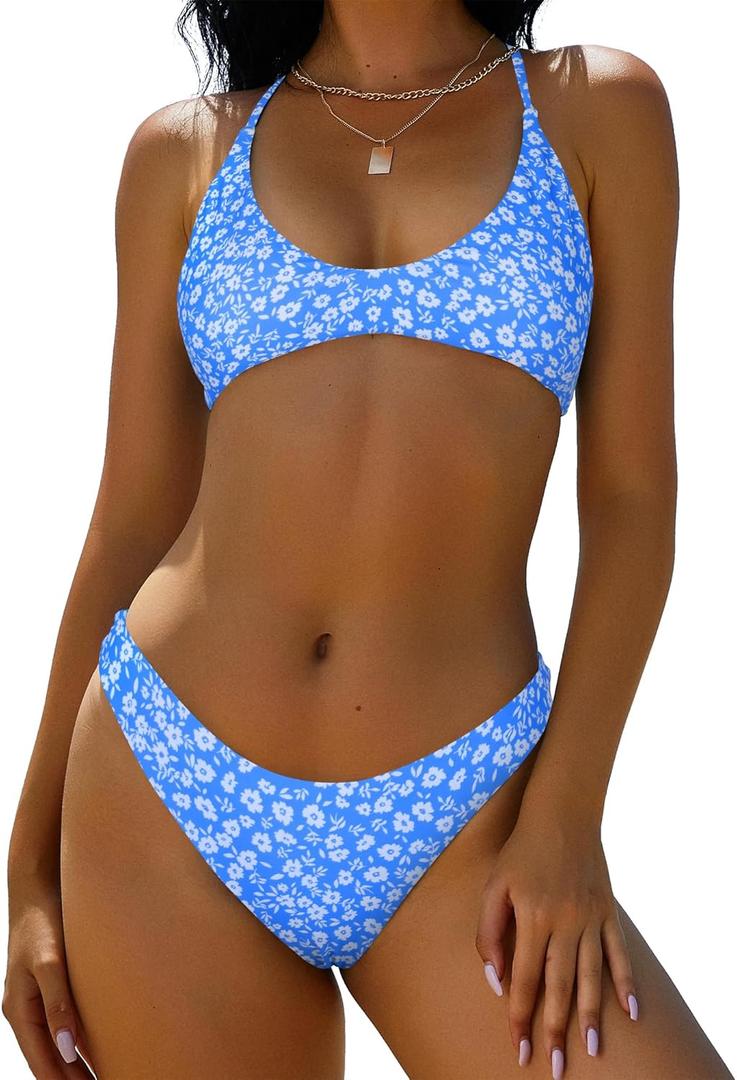 ZAFUL Women's Tie Back Padded High Cut Bralette Bikini Set Two Piece Swimsuit, Size S (Floral Baby Blue)