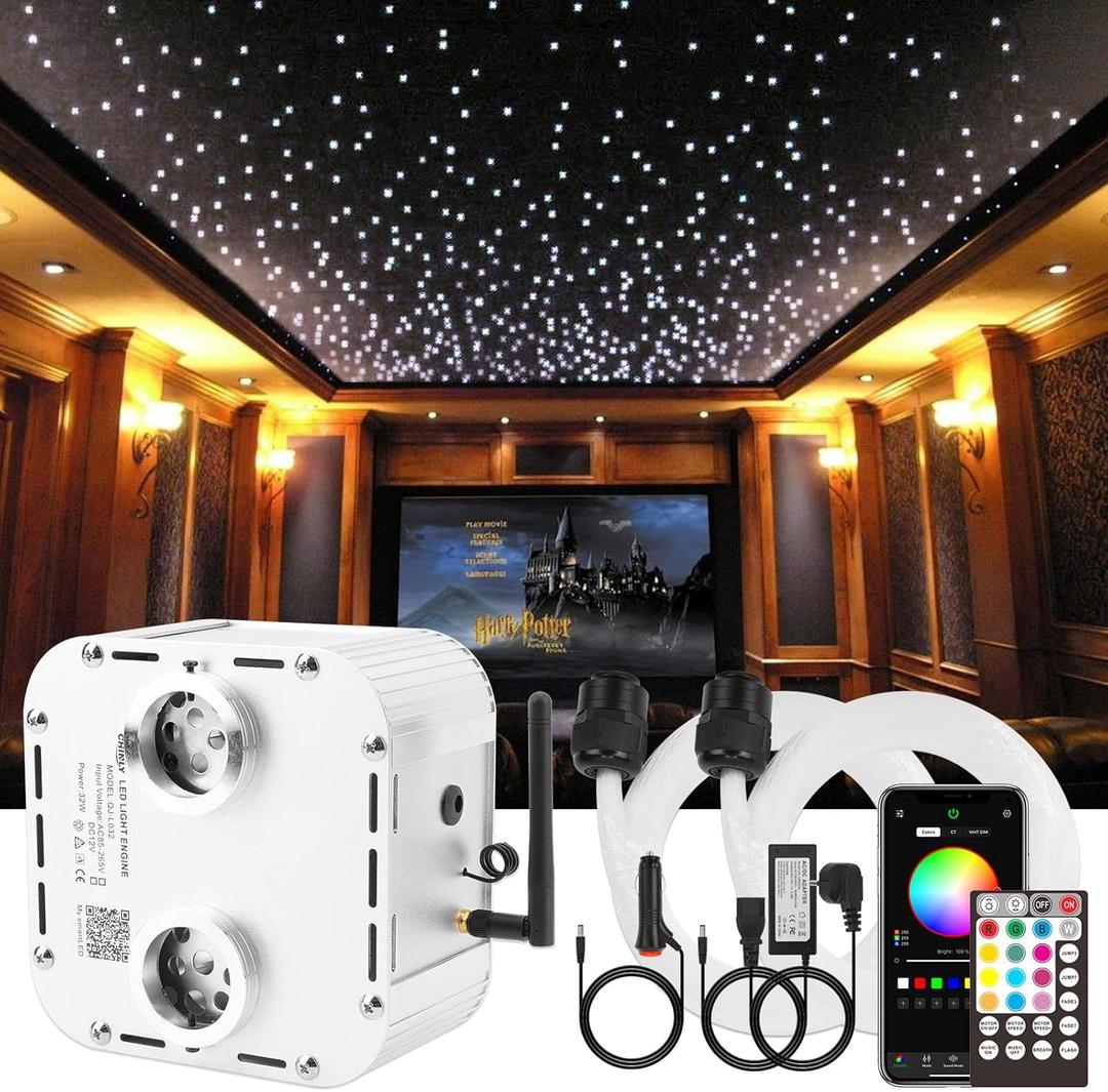 CHINLY 32W Twinkle 1600pcs 13.1ft 0.03in Fiber Optic Lights Starlight Headliner kit, Music Mode Bluetooth APP Control Remote, RGBW Star roof Lights for Star Headliner/Home Theater/Pool Ceiling