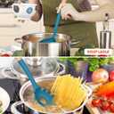 Pasta Fork and Ladle Set, Perfect for Serving Hot Soup, Stirring, and Sauce Pasta, BPA-Free Matte Silicone, Wood Handle Spaghetti Spoon for Nonstick Cooking Surfaces (Blue)