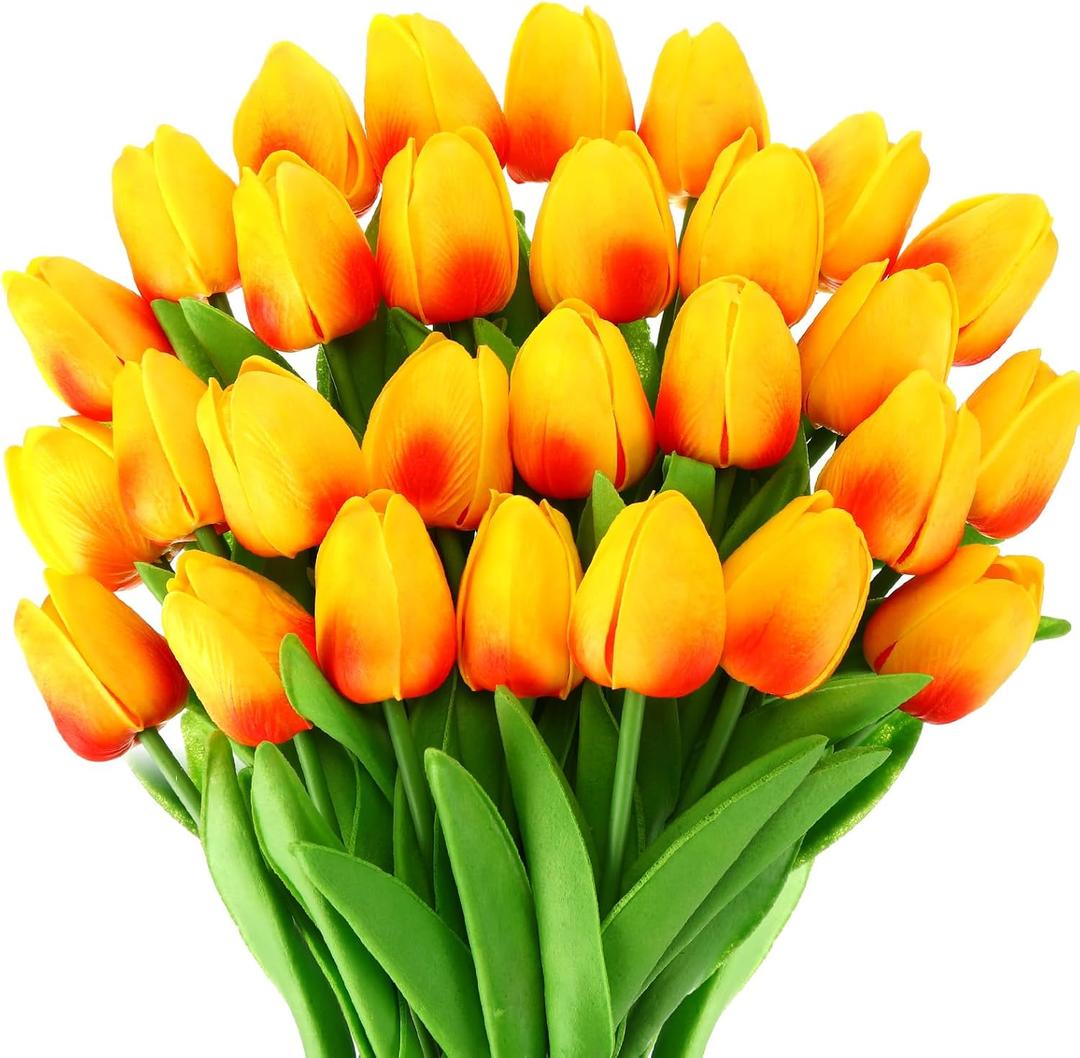 Lyrow 30 Pcs Tulips Artificial Bouquet Flowers Faux Tulips for Home Kitchen Wedding Decorations,Gift Idea for Easter Decor Mother's Day Birthdays(Gold Yellow)
