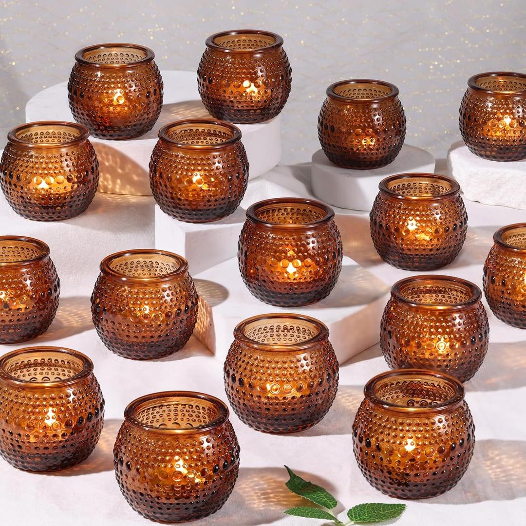 40 Pcs Amber Votive Candle Holders, Round Amber Glass Candle Holder with Polka Dot Embossed, Vintage Votive Candle Holders for Weddings, Home Decor, Baby Shower, Special Occasions