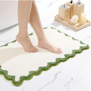 ORTIGIA Scalloped Green Bath Mat Non Slip Washable for Bathroom, Quick Dry Absorbent Plush Microfiber Bath Mats, White and Green Bathmat for Bathtub Shower, Floor Carpet for Sink Bedroom, 20x32